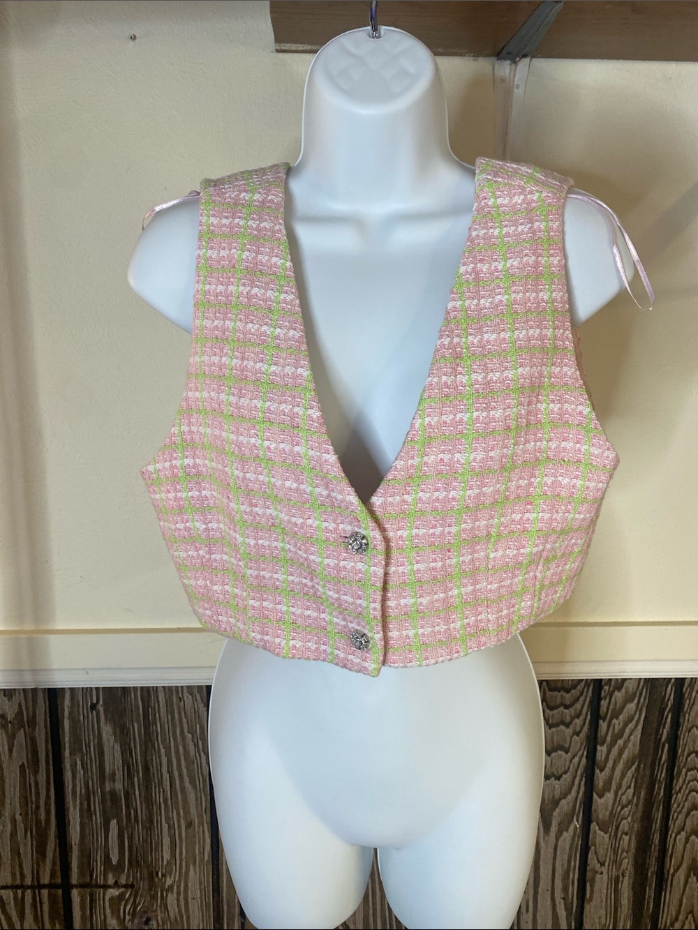 Zara Pink and Light Green Tweed Cropped Vest